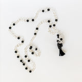 crystal quartz and obsidian skull mala necklace