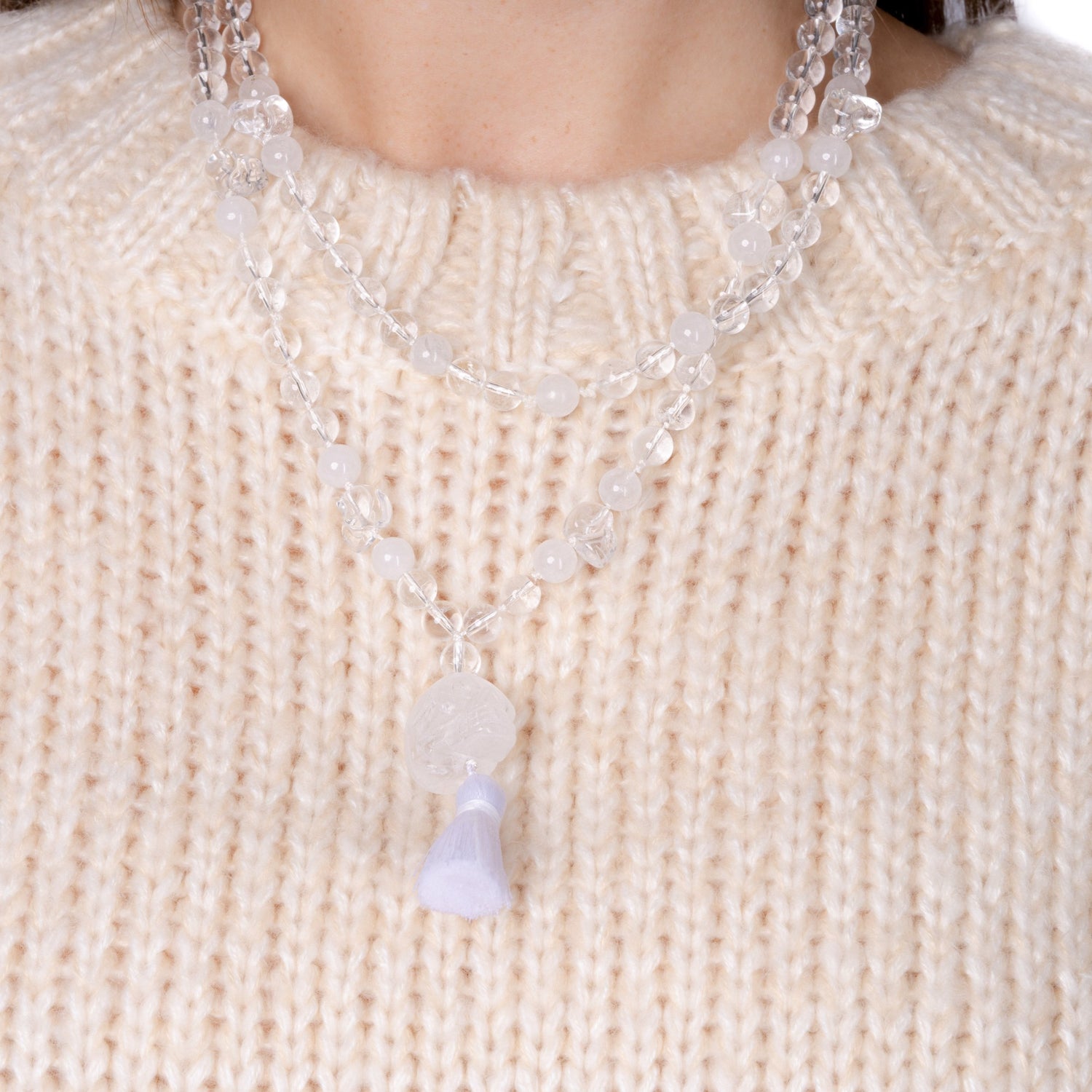Crystal Quartz Mala Necklace, worn in two layers, on Woman