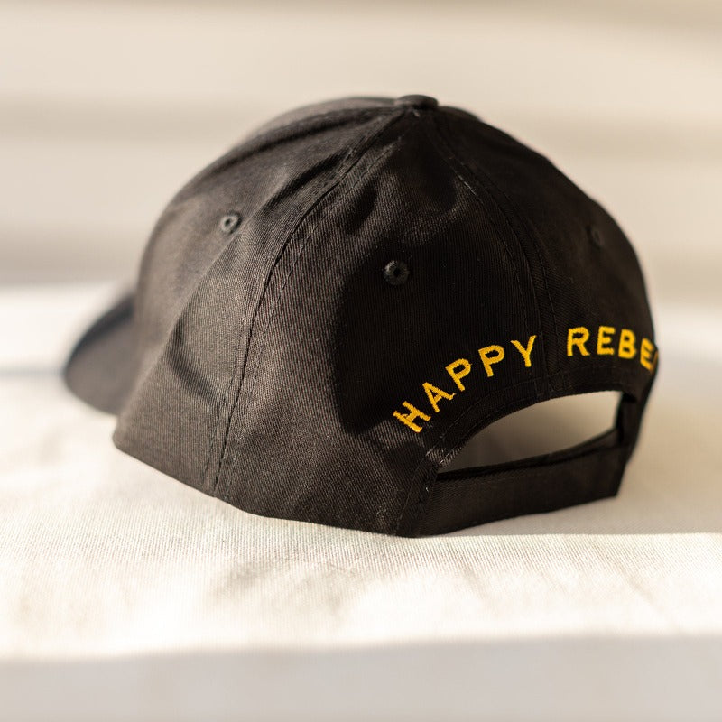 The back of the Happy Rebel icon sun and skull baseball cap hat