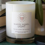 Happy Rebel Light candle on a shelf
