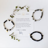 Happy Rebel Stone and Skull gemstone bracelets with note