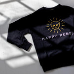 Happy Rebel logo sweatshirt, black fabric, gold skull